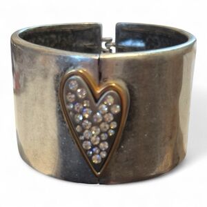 Chico’s‎ Love Always Bracelet Women Silver Wide Hinged Cuff Crystal Heart